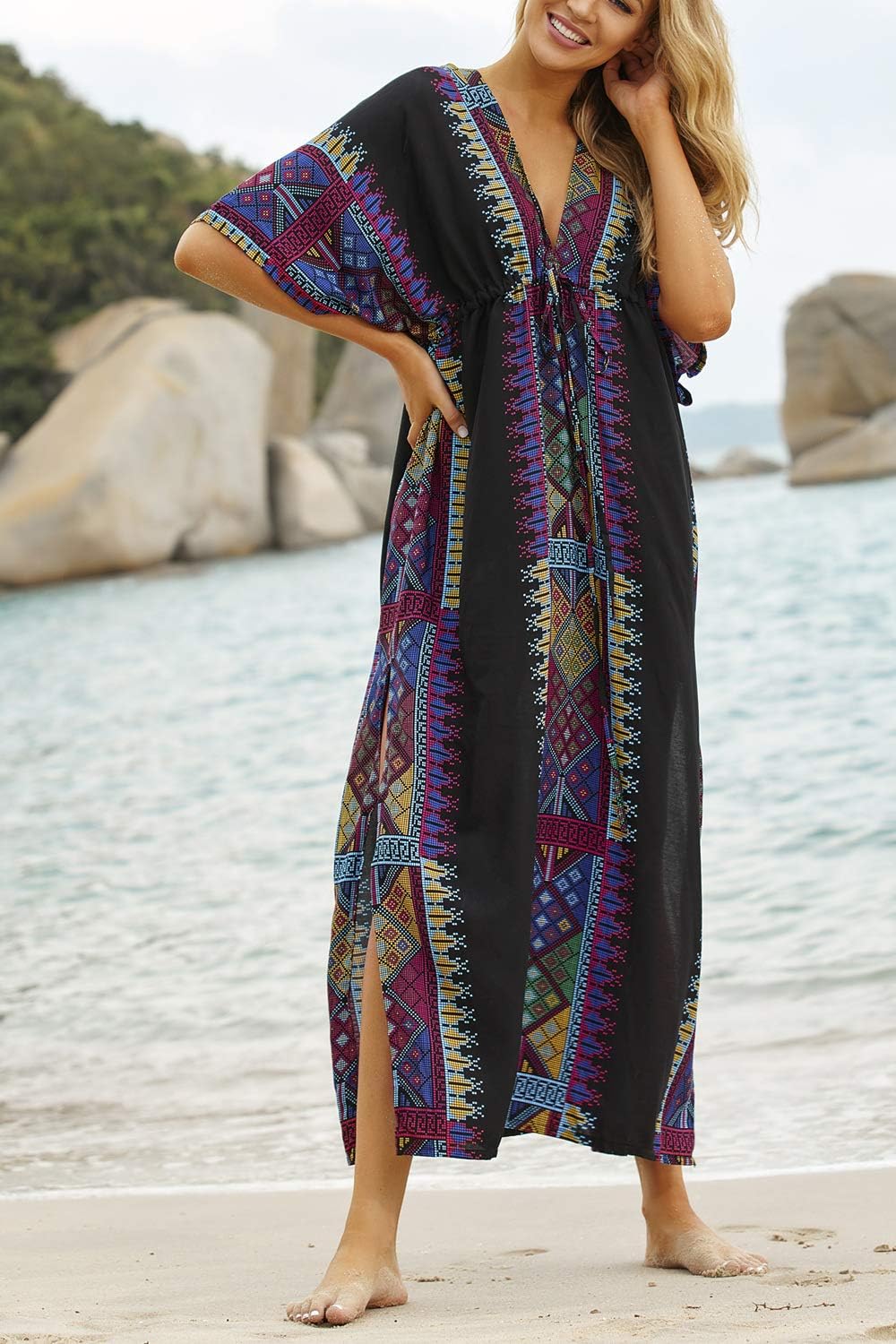 YouKD Summer Floral Loose Caftan Boho Beach Bikini Cover Up Dress Plus Size Robe for Women