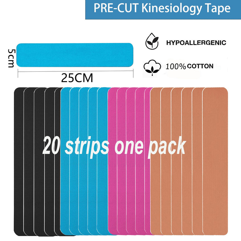 Kinesiology Tape Pro Athletic Sports (20 Precut Strips) Waterproof Breathable Athletic Elastic Kneepad Muscles & Joints Pain Relief Knee Taping for Gym Fitness Running Tennis Swimming Football(Mix)