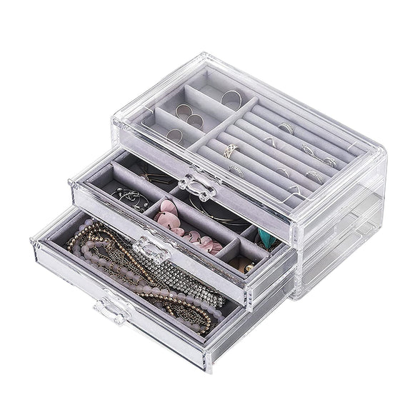 Acrylic Jewelry Box Organizer with 3 Drawers,Jewelry Organizer Velvet Jewelry Box Clear Jewelry Display Case for Women Earring Rings Bangle Bracelet and Necklace Holder Storage