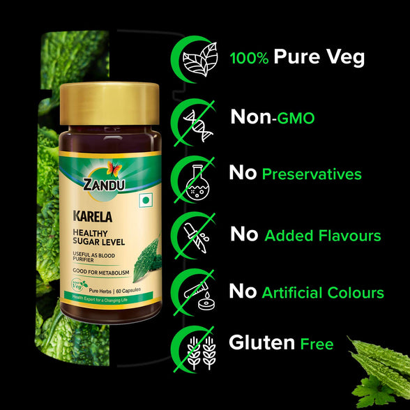 Zandu Karela Pure Herbs (Bitter Melon) for Healthy Sugar Levels and Improved Metabolism | 100% Natural & Authentic | Powerful Blood Purifier for Glowing Skin - 60 Veg capsules (Pack of 2)