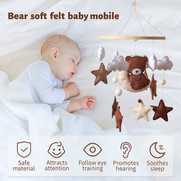 Promise Babe Mobile Baby Wind Chimes Clouds Star Moon Baby Mobile with Bear Handmade Wood Crochet Animal Wind Chime Bed Bell Pendant for Hanging Baby Bed Nursery Changing Table Playpen Decoration