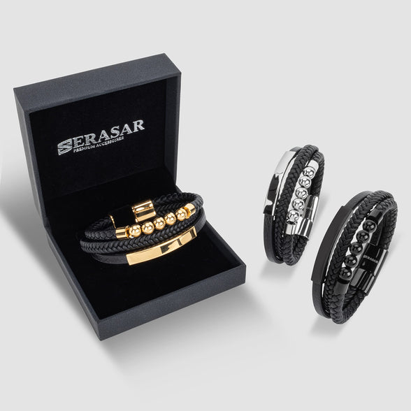 SERASAR | Men's Premium Genunie Black Leather Bracelet [Pearl] | Magnetic Stainless Steel Clasp in Black, Silver and Gold | Exclusive Jewellery Box | Great Gift Idea