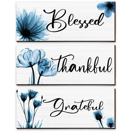 3 Pieces Thankful Grateful Blessed Wood Sign Wall Decor Positive Word Wooden Wall Plaque with Flower Thanksgiving Quote Hanging Wall Sign Rustic Farmhouse Thankful Wall Art for Living Room (Blue)