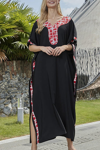 YouKD Maxi Dress V-Neck Kaftan Boho Robes Beach Cover-ups Dress Maxi Garment for Women