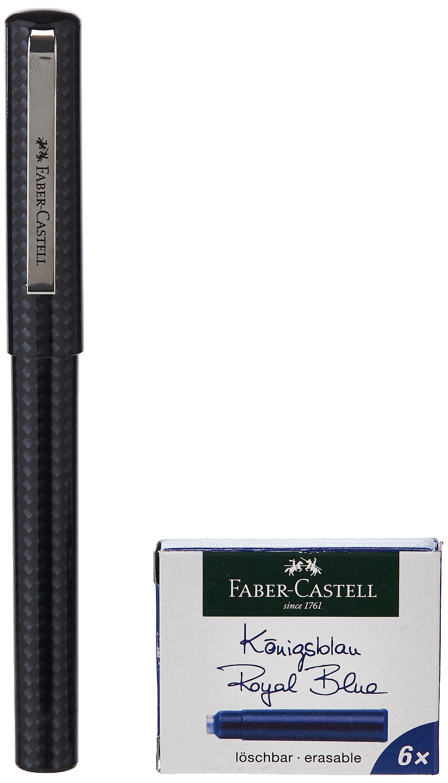 Faber Castell Fountain Pen Carbon Design Medium Nib + 6 Blue Ink Cartridges, SCHOOL+, 149809