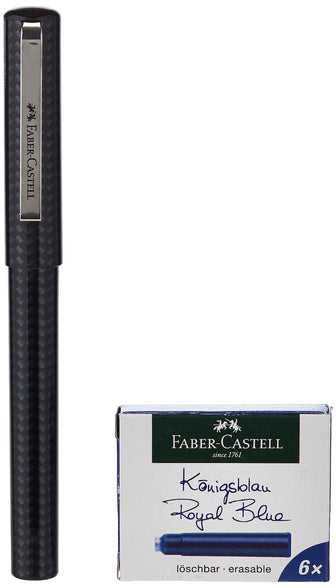 Faber Castell Fountain Pen Carbon Design Medium Nib + 6 Blue Ink Cartridges, SCHOOL+, 149809