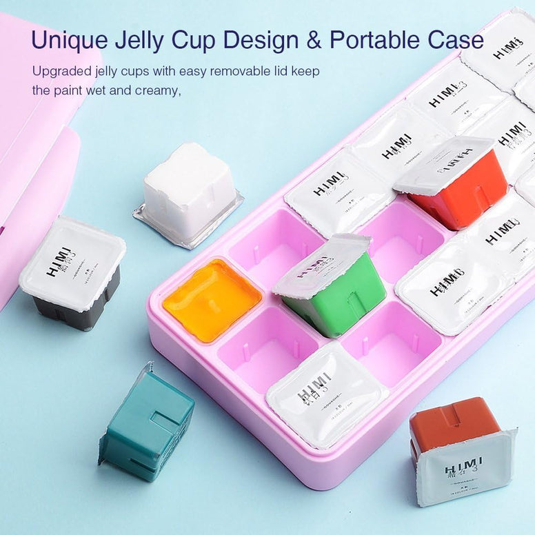 MIYA Gouache Paint Set, 18 Colors x 30ml Unique Jelly Cup Design, Portable Case with Palette for Artists, Students, Gouache Watercolor Painting (Pink)