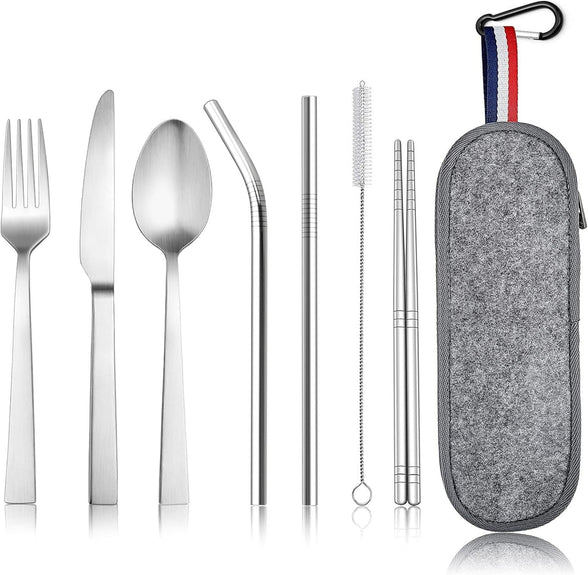 McMola 8 Piece Camping Cutlery Set for 1, Stainless Steel Travel Utensils with Portable Case, Individual Silverware Set Includes Reusable Knife, Fork, Spoon, Straws and Chopsticks