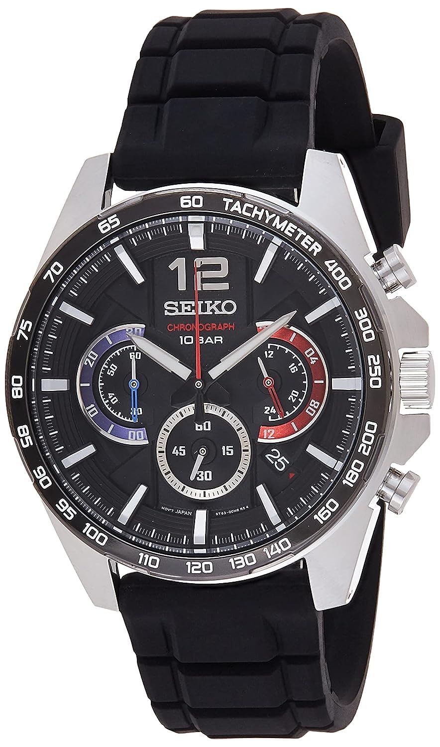 Seiko Men's Stainless Steel Japanese Quartz Silicone Strap, Black, Casual Watch (Model: SSB347), Silver, Chronograph