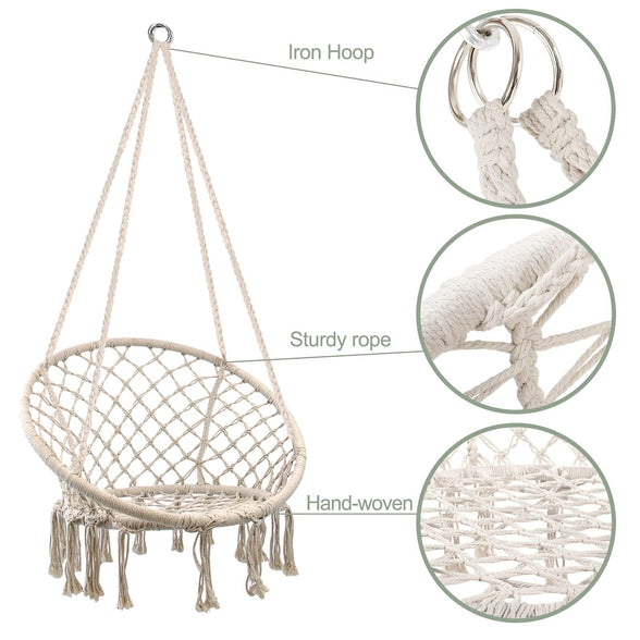 WBHome Hammock Chair Swing w/Hardware Kit, Cotton Rope Hanging Macrame Swing Chair for Bedroom, Patio, Yard, Indoor, Outdoor, Max Weight 265 Lbs (Beige)