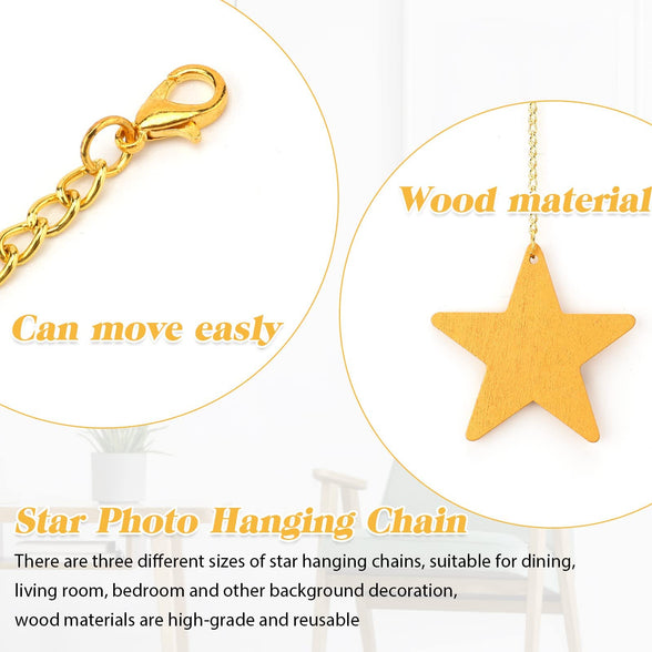 Hanging Photo Display, Boho Decor Wooden Stars Garland with Metal Chains Picture Frame Collage with 30 Wood Clips for Teen Girl Room, Bedroom, Dorm, Home, Party Decor (200 cm)