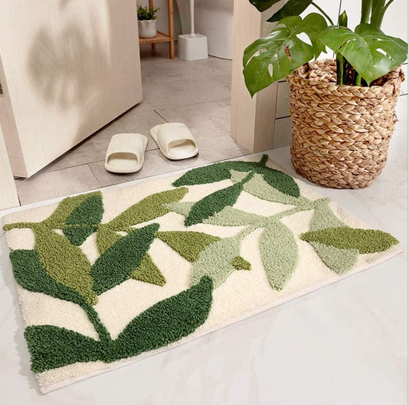 Green Leaves Bath Mats Bathroom Rugs Non-Slip Soft Microfiber Absorbent Machine Washable Entrance Doormat for Bathroom Floor Tub Shower 17.5 X 25.5 Inches