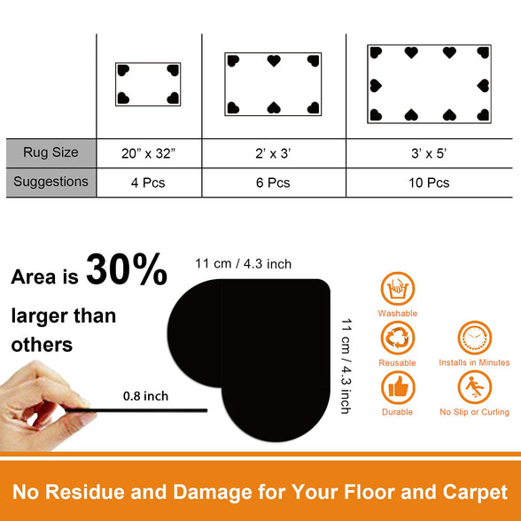 ActFun Rug Tape 8 Pcs, Non Slip Reusable Washable Rug Grippers for Area Rugs, Floor Mats, Hardwood Floors, Tile Floors, Linoleum, Carpet, Black (Not Suitable for Carpet with Rubber or Silicone Back)
