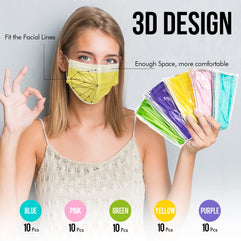 Colored Disposable Face Mask, Funny Cute Face Mask with Nose Wire, 3 Ply Breathable Comfortable Masks, Designer Face Mask Pink Purple Yellow Green Blue Colorful Masks for Women Men Adult Youth, 50 Pcs