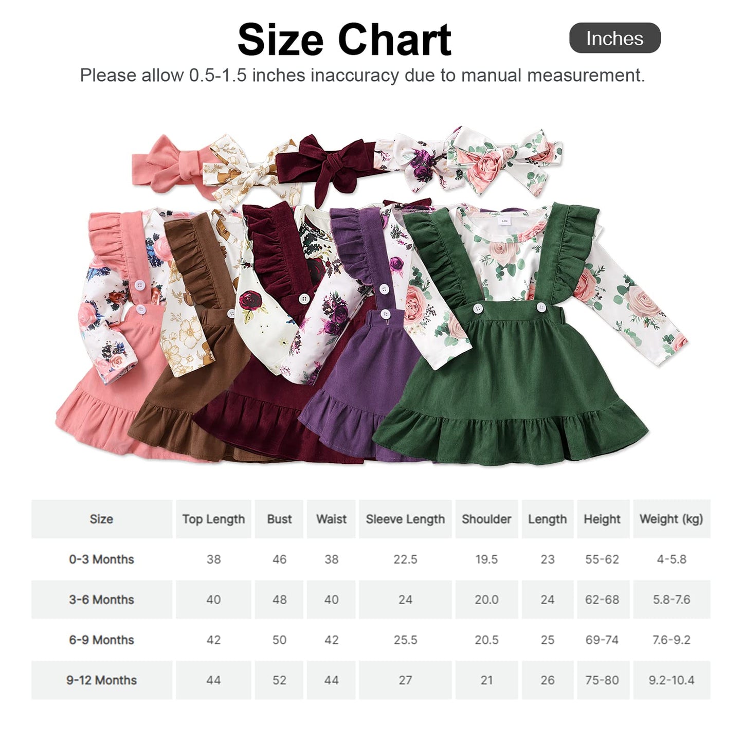 PATPAT Newborn Infant Baby Girl Clothes Outfit Long Sleeve Romper Top Overall Dress Suspender Skirt Set, for 0-3 Months