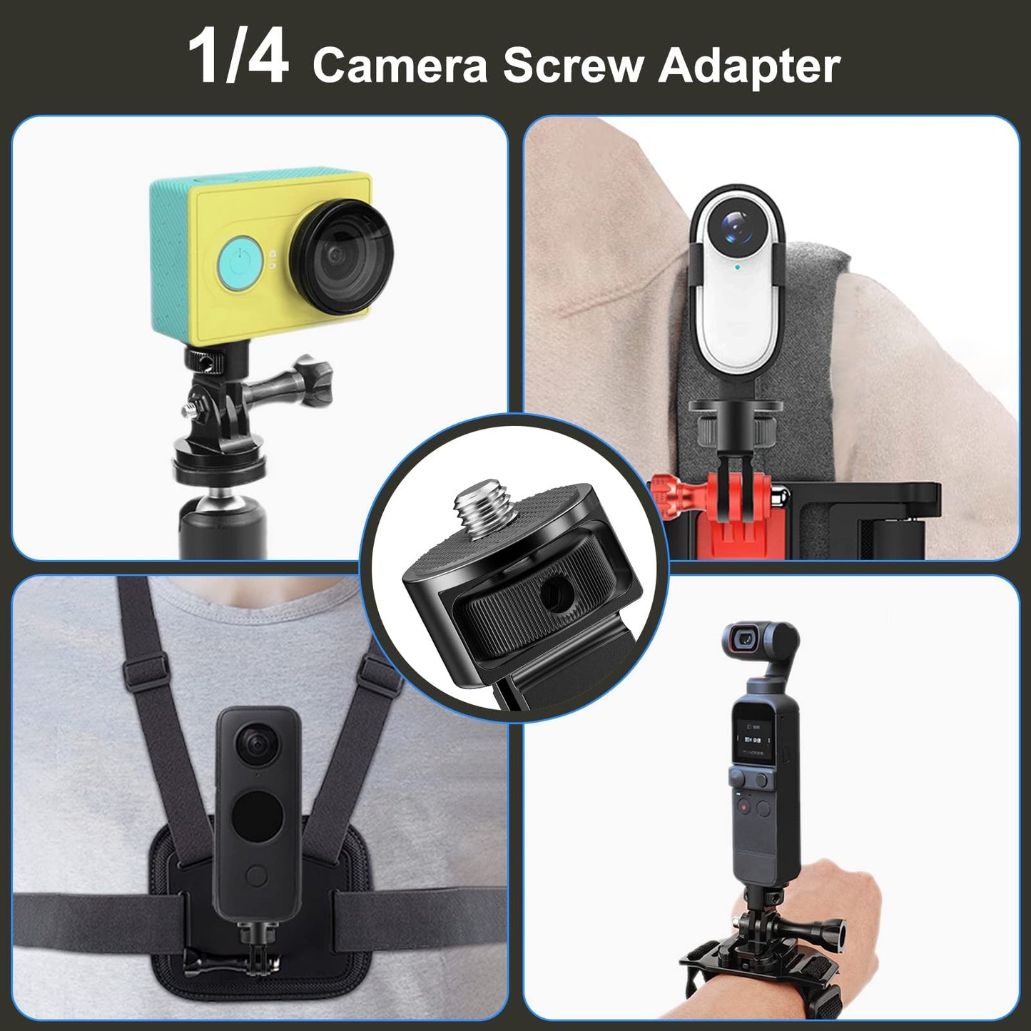 eWINNER Action Camera Tripod Mount Adapter 2PCS/360° Adjustment 1/4-20 Screw Conversion Adapter compatible with GoPro Hero11/10/9 Insta360 ONE X3/X2/Go 2/Xiaomi Yi & other Action Cameras (Black)