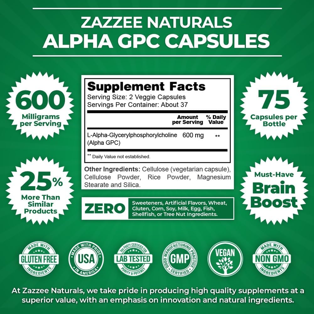 Zazzee Alpha GPC Choline 600 mg per Serving, 75 Count, Vegan, Support for Overall Brain Function, Memory, Focus and Concentration