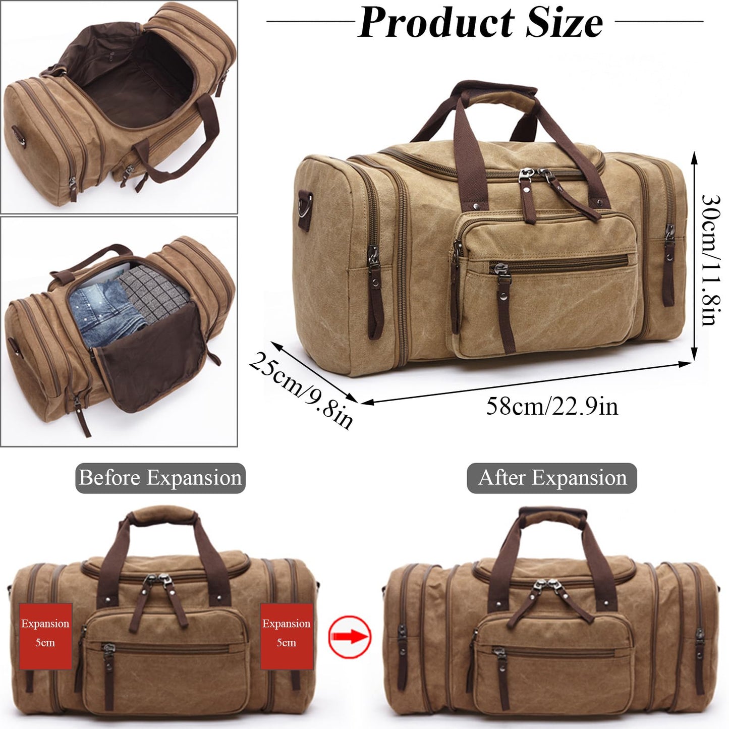 Qiccijoo Canvas Travel Duffle Bag for Women Men 50L Expandable Gym Bag Flight Approved Carry On Bag Large Business School Weekend Overnight Tote Bags Crossbody Bag Luggage Bag（khaki）