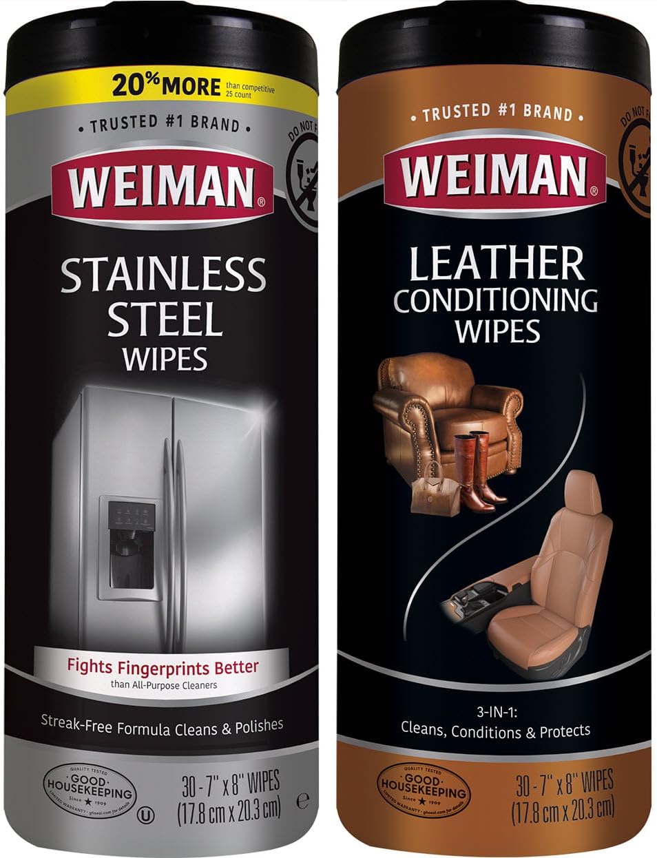 Weiman Stainless Steel Wipes and Leather Wipes - Clean and Polish Appliances for a Brighter and Longer Shine - Clean, Condition and Restore Leather Surfaces - Packaging May Vary