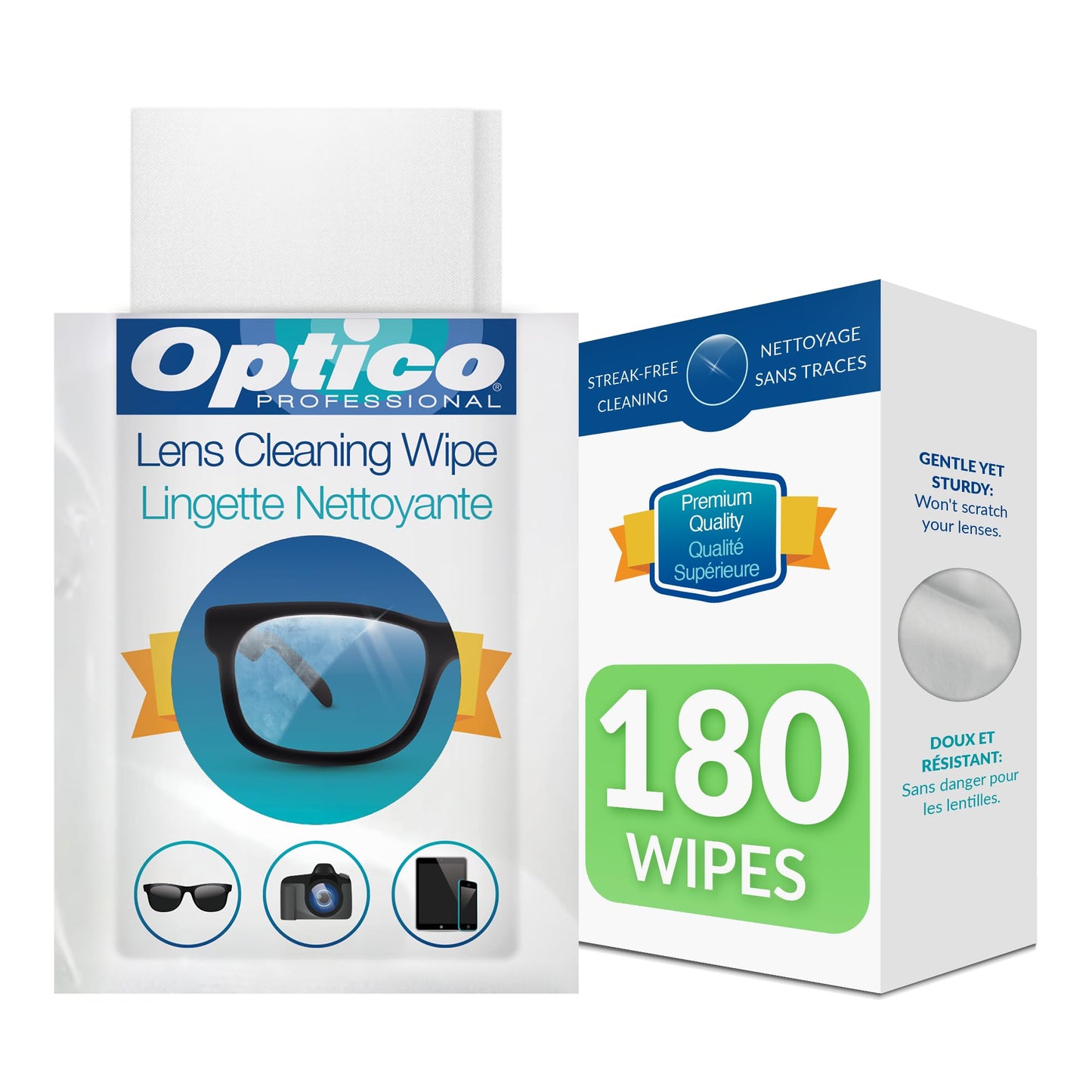 Optico Pre-Moistened Lens Cleaning Wipes - [5 x 3.5 Inches - 180 Wipes] Premium Quality Cleaner for Eyeglasses, Screens, and Cameras - No Spray Bottle Needed, Streak & Lint Free, Individually Wrapped