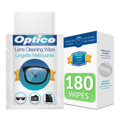 Optico Pre-Moistened Lens Cleaning Wipes - [5 x 3.5 Inches - 180 Wipes] Premium Quality Cleaner for Eyeglasses, Screens, and Cameras - No Spray Bottle Needed, Streak & Lint Free, Individually Wrapped