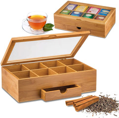 Premium Bamboo Tea Storage Box Mofish Natural Wood Tea Chest Organizer with Small Drawer, 8 Compartments - Tea Fan