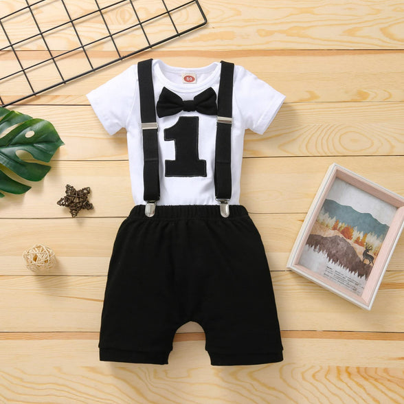 Baby Boys First Birthday Outfit, Baby Boy Cake Smash Outfit, Formal Suit Gentleman Romper Bow-tie Pants Outfits Set Costume, Suspender and Shorts Pants Outfit for Baby Boys 1st Birthday - Size 100