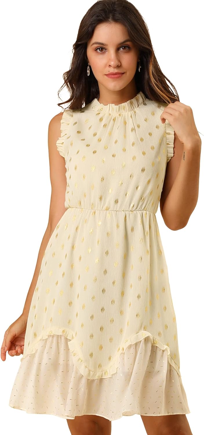 Allegra K Women's Dots High Neck Sleeveless Metallic Print Ruffle Cocktail Party Dress