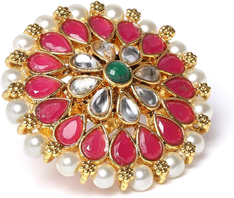 ZAVERI PEARLS Pink And Green Stones And Pearls Base Metal Flower Traditional Finger Ring For Women - Zpfk9544