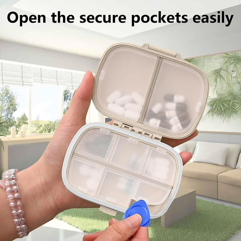 Travel Pill Container, Portable Small Cute Pill Case, 8 Compartment Small Pill Box Daily Pill Organizer for Vitamin, Supplements Storage, White