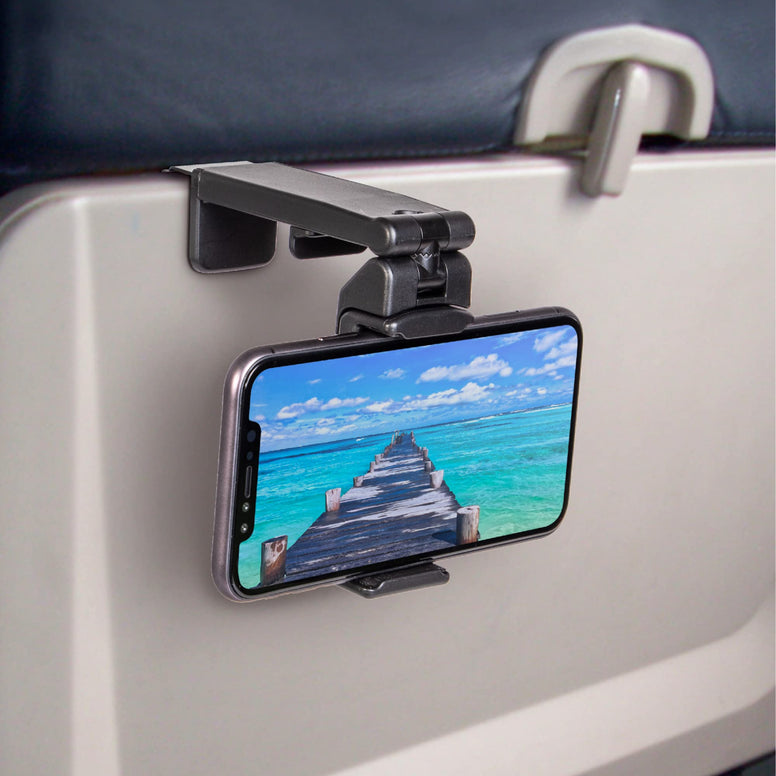 Universal Airplane in Flight Phone Mount. Handsfree Phone Holder for Desk with Multi-Directional Dual 360 Degree Rotation. Pocket Size Travel Essential Accessory for Flying. US Patented and Protected.