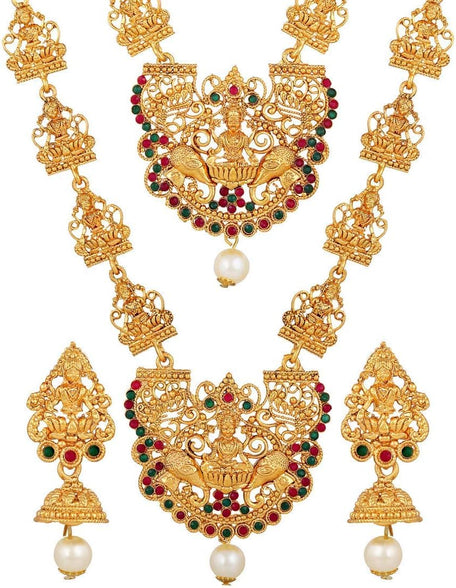 Shining Diva Fashion 18k Gold Plated Latest Long Short Combo Traditional Temple Necklace Jewellery Set for Women