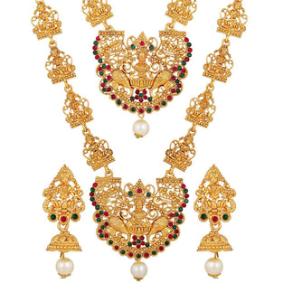 Shining Diva Fashion 18k Gold Plated Latest Long Short Combo Traditional Temple Necklace Jewellery Set for Women