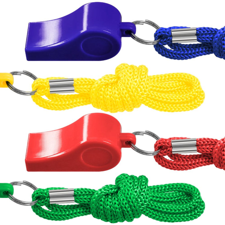 FineGood 8 Packs Coaches Referee Whistles with Lanyards, 7 Colorful Plastic and 1 Stainless Steel Metal Whistles for Football Sports Lifeguards Survival Emergency Training - Multi-Color