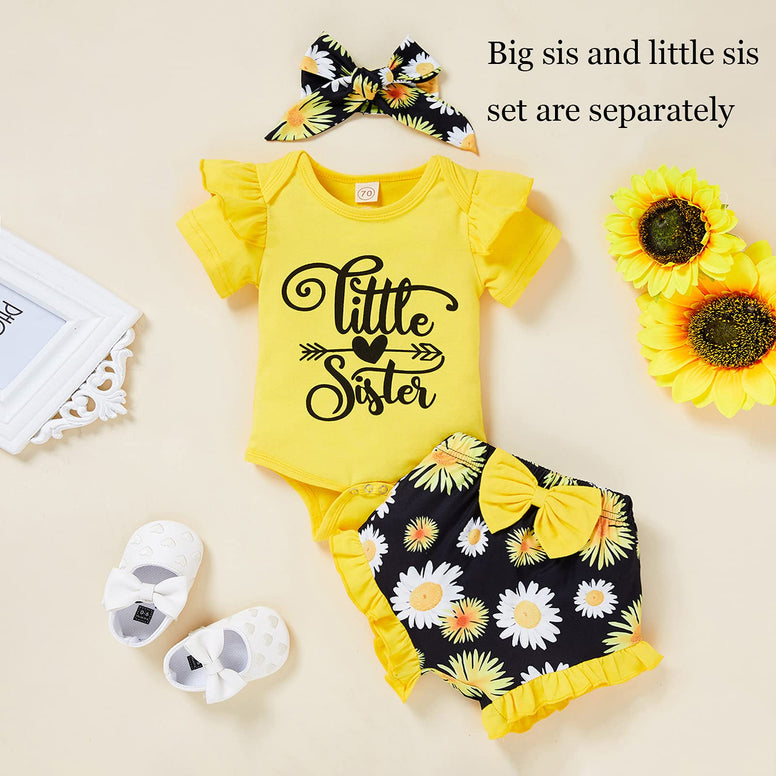 Baby Girl Sister Matching Outfits Little Big Sister Ruffle Romper Tops + Sunflower Shorts Set Summer Clothes (0-3 Months)