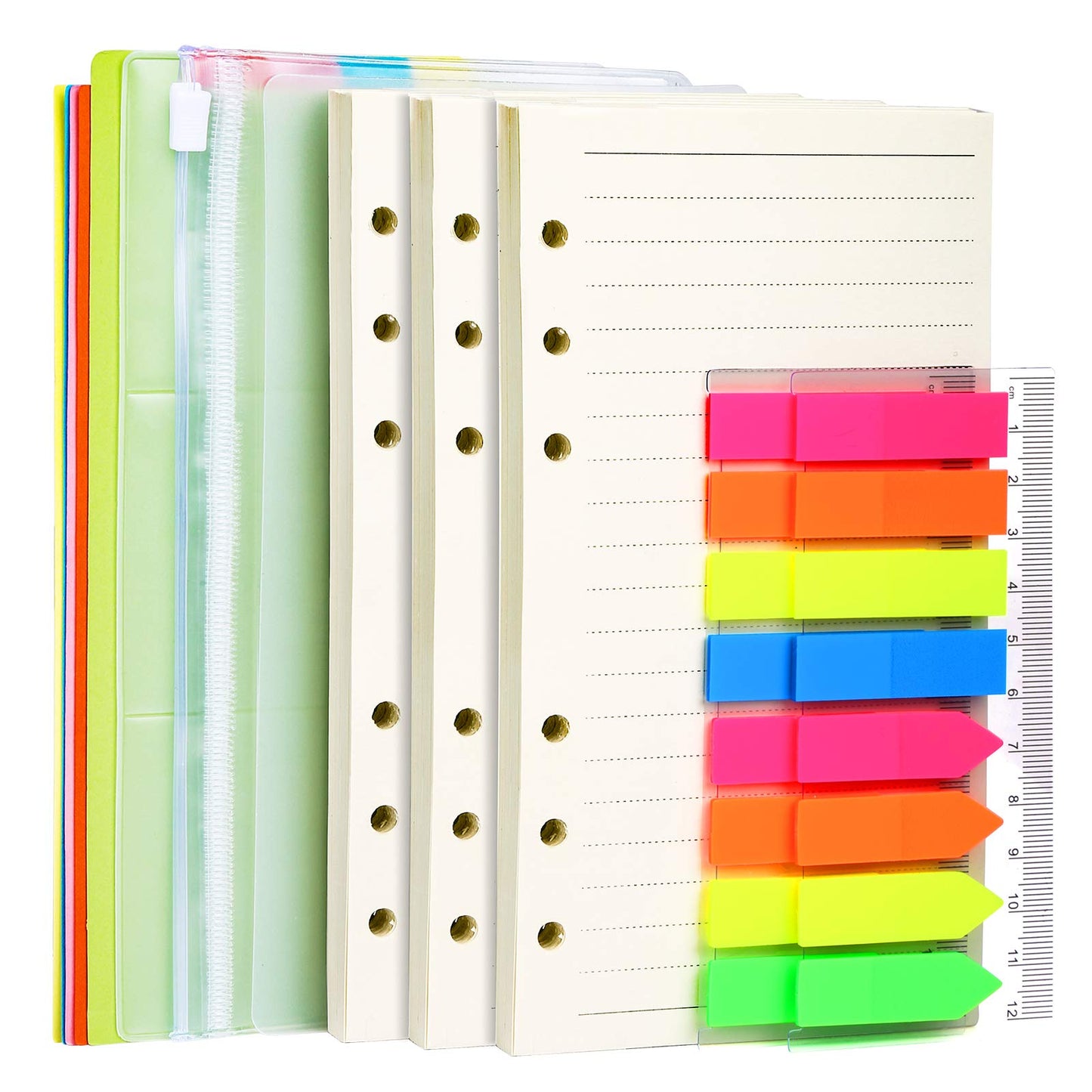 A6 Refill Paper, 3 Pack 45PCS A6 6 Ring Loose Leaf Paper, 2 Pack 160PCS Neon Page Markers, with Binder Pockets & Binder Dividers, LEOBRO A6 Lined Paper Refills for A6 Binder Planner Notebook Journal