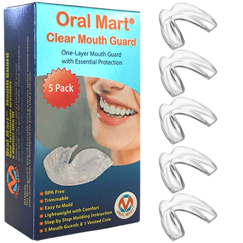 Oral Mart - Pack of 5 Clear Mouth Guards for Grinding Teeth - Moldable Anti Grinding Teeth Protector for Sleep - Clear Night Guard for Clenching Teeth, Whitening Tray (5 Pack, Adult Size)