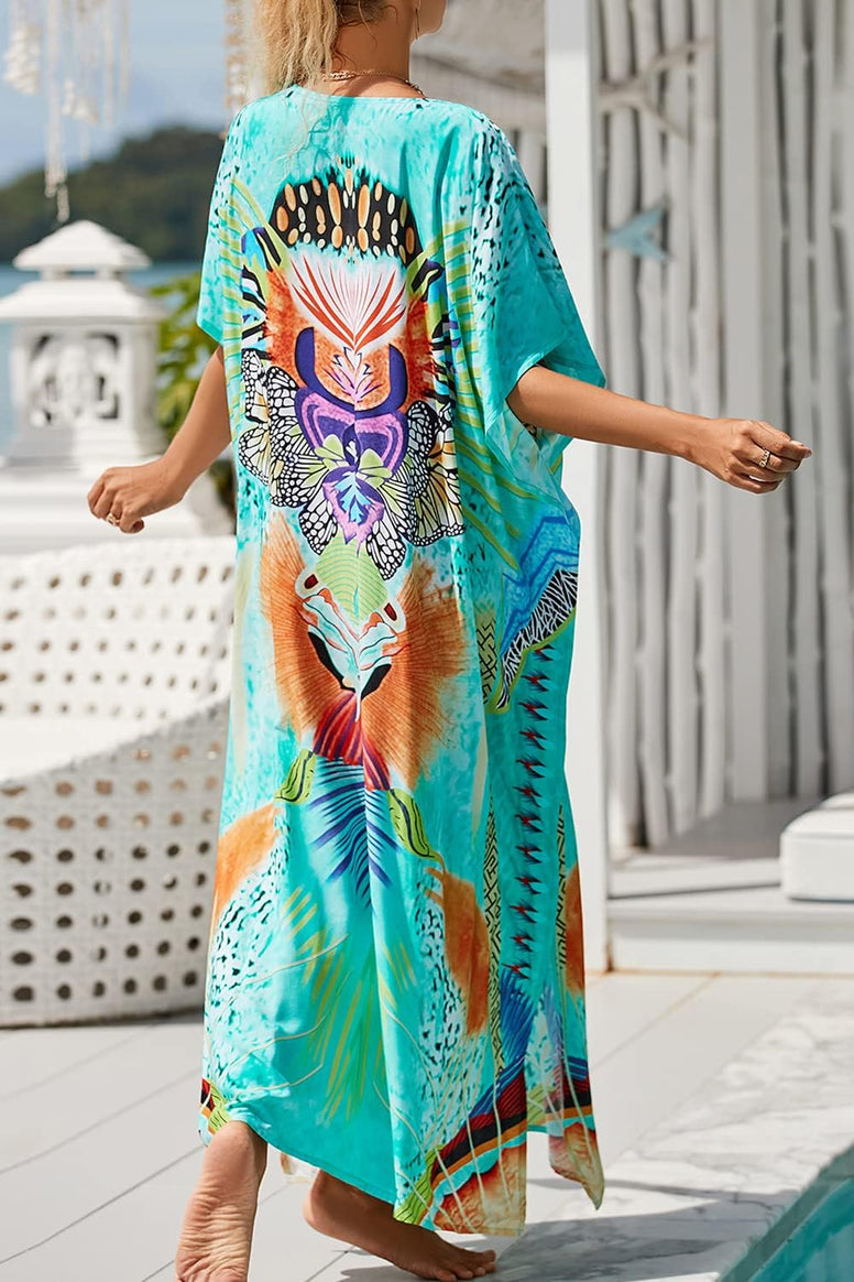 YouKD Maxi Dress V-Neck Kaftan Boho Robes Beach Cover-ups Dress Roomy Gowns for Women