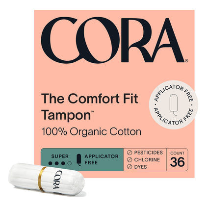 Cora 100% Organic Cotton Non-Applicator Tampons | Super Absorbency | Applicator-Free | Leak Protection | Ultra-Absorbent | Unscented | Packaging May Vary (36 Count)