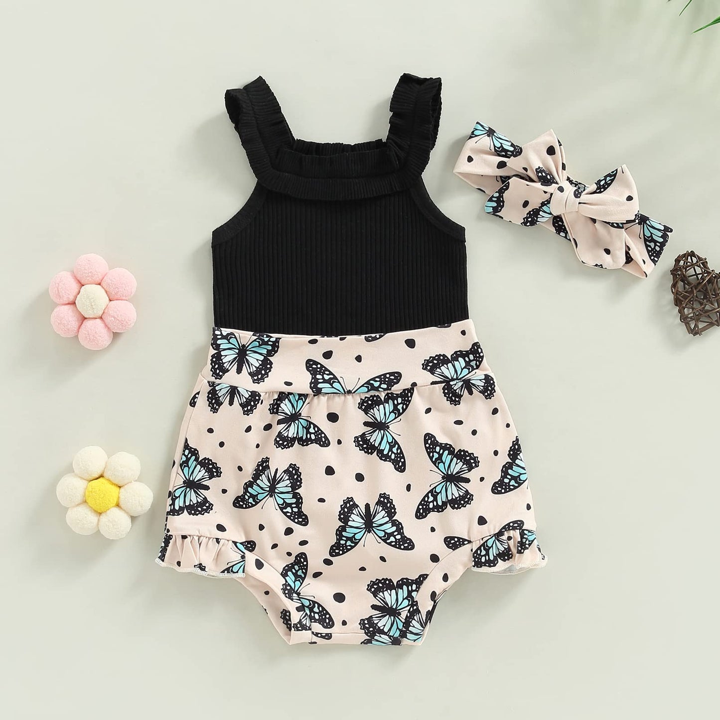 Sprifallbaby Infant Baby Girl Clothes Set Outfit Short Sleeve/Sleeveless Tops Toddler Girls Cute Shorts Bow Headband 3pcs (0-3 Months)