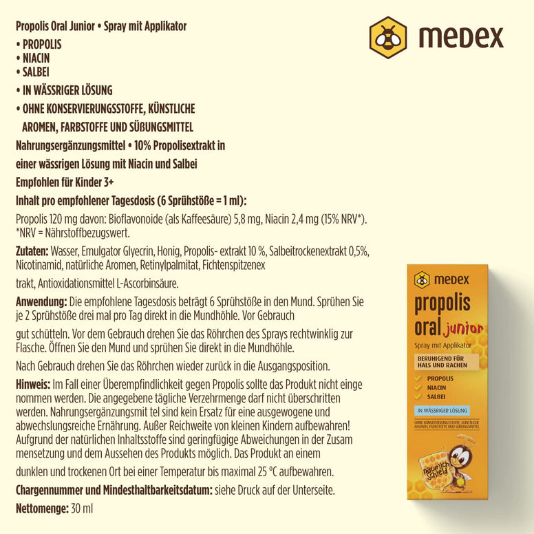 Medex Propolis Oral Junior Water-Based Spray with Applicator, 30ml