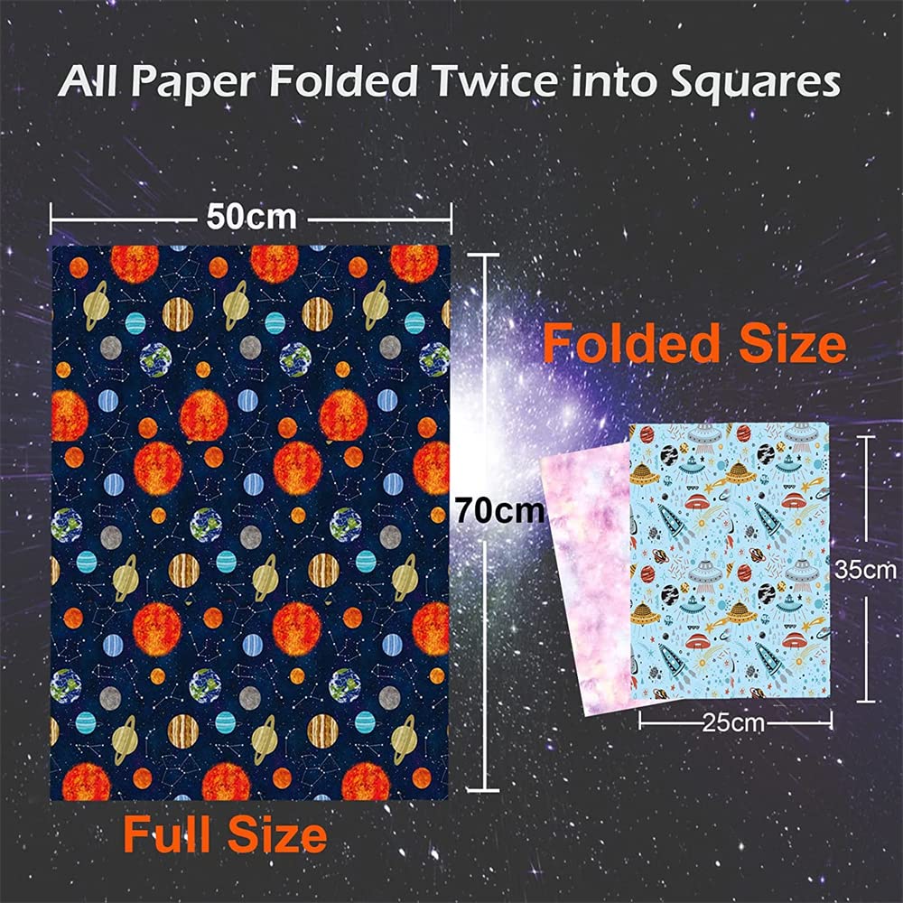 5 Sheets Outer Space Wrapping Paper, Birthday Wrapping Paper for Boys Girls, Recyclable Gift Wrapping Paper Set with Ribbon, for Birthday Party Holiday Decoration DIY Crafts Supplies, 28 x 20Inch