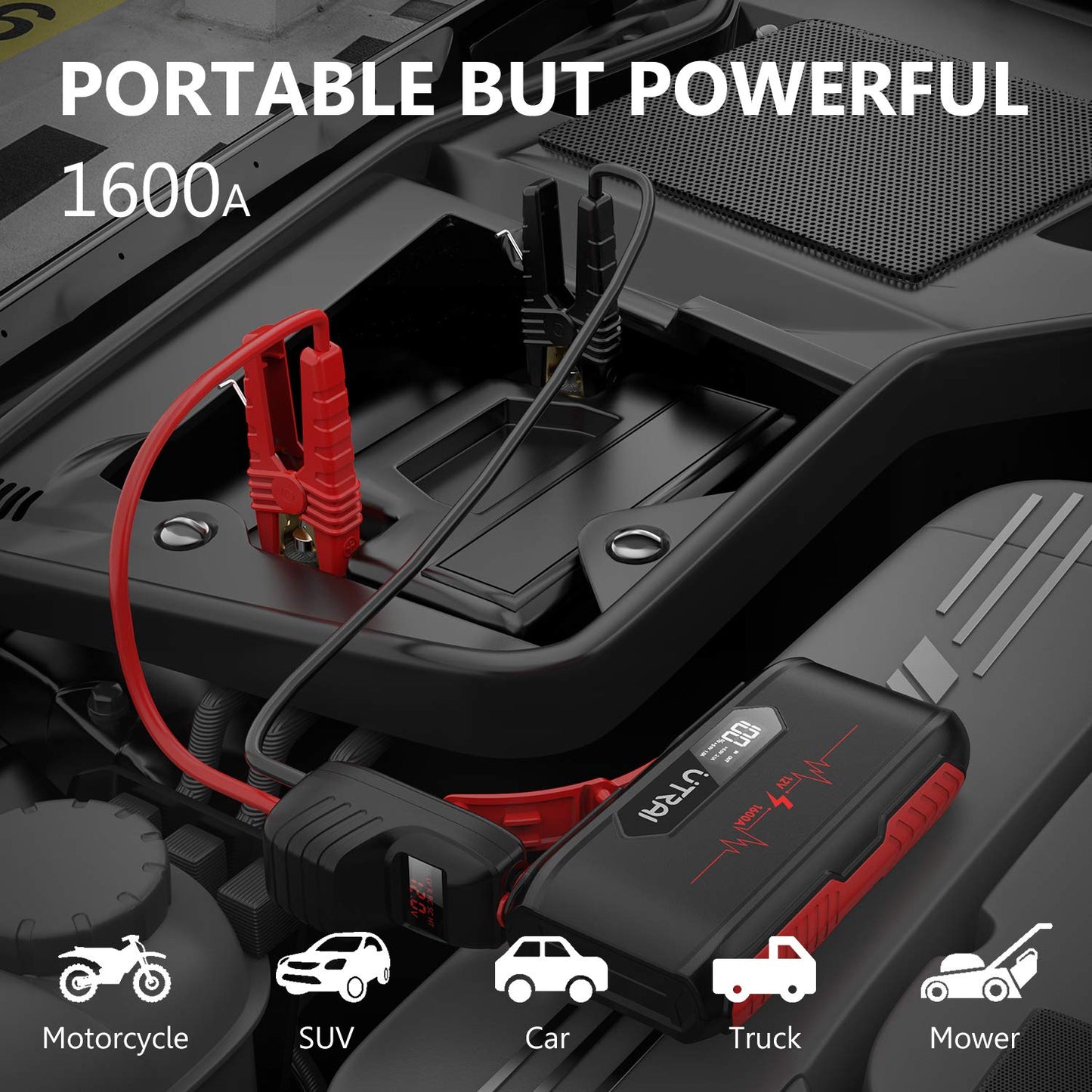 Utrai Jstar 3 Car Jump Starter With Lcd Screen Smart Clamps, 1600A 20000Mah (Up To 7L Gas Or 6L Diesel Engine) 12V Auto Battery Booster Portable Power Pack With Built-In 10 Leds Light, Safe Protection