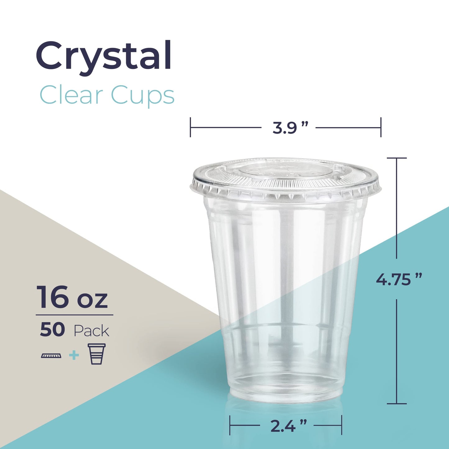 [50 Pack] 16 oz Clear Plastic Cups with Flat Lids, Disposable Iced Coffee Cups, BPA Free Premium Crystal Smoothie Cup for Party, Lemonade Stand, Cold Drinks, Juice, Milkshake, Bubble Boba, Tea