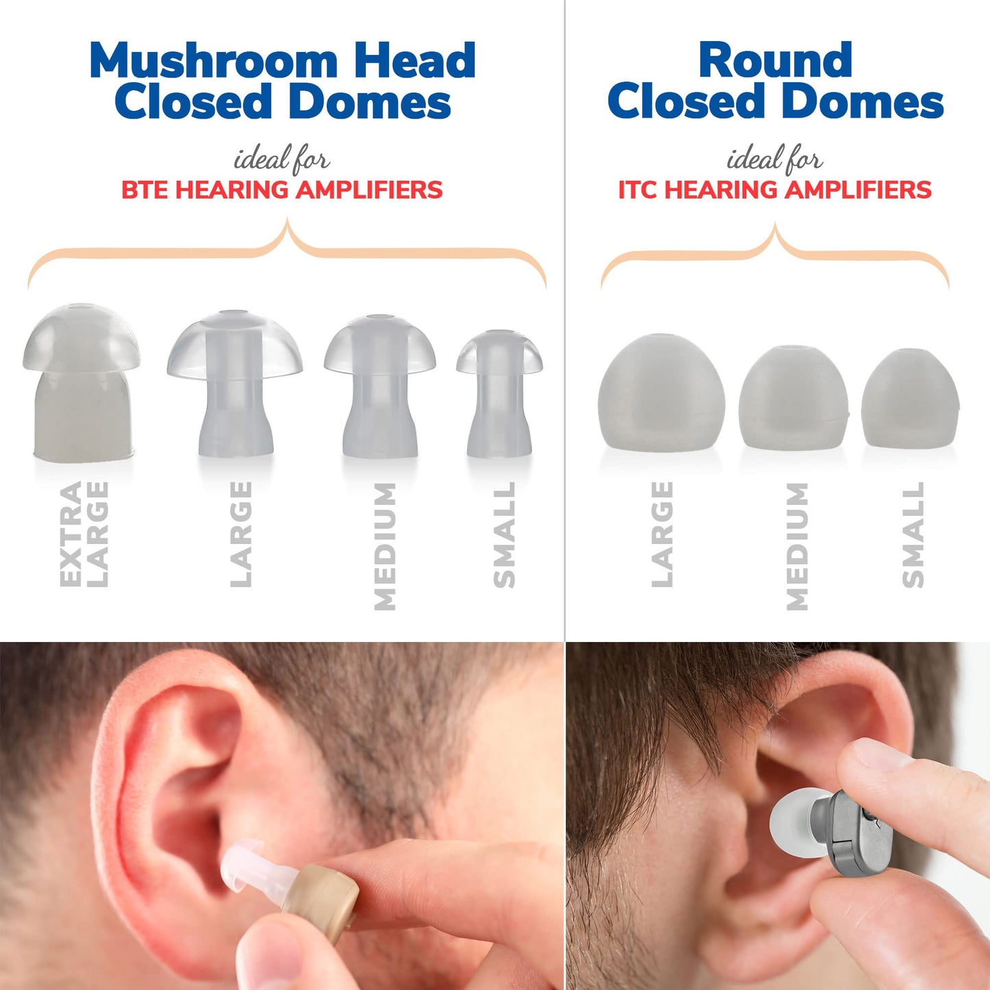 NewEar Hearing Aid Domes - Universal Domes for Hearing Aids - Sizes Small, Medium, Large & X-Large Earbud Replacements and BTE Hearing Sound Amplifiers