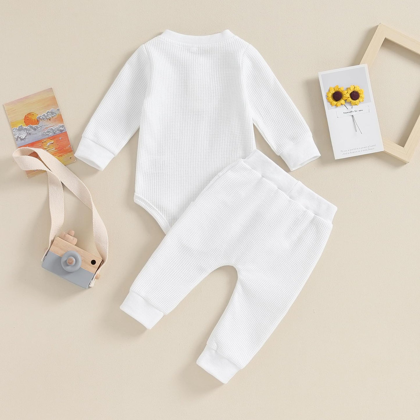 Kuriozud Newborn Baby Boy Clothes Button Long Sleeve Romper Bodysuit Pants Set Infant Soft Waffle Fall Winter Outfit 0-3 M