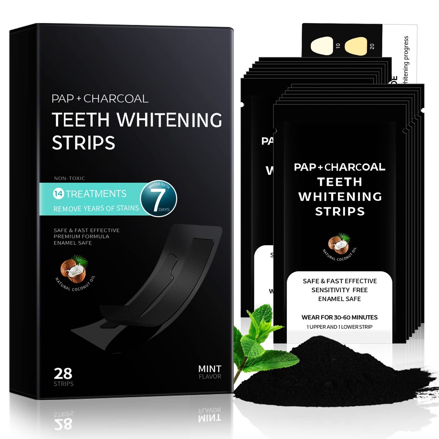 Pap+ Charcoal Teeth Whitening Strips Professional Teeth Whitening Kit for Teeth Sensitive or Coffee Drinker, 28 Tooth Whitener Strips Easy to Use 14 Treatments by ECTEST