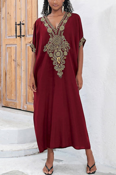 YouKD Embroidered Kaftan Dress Boho Beach Bikini Cover Up Robe Plus Size Loungewear for Women