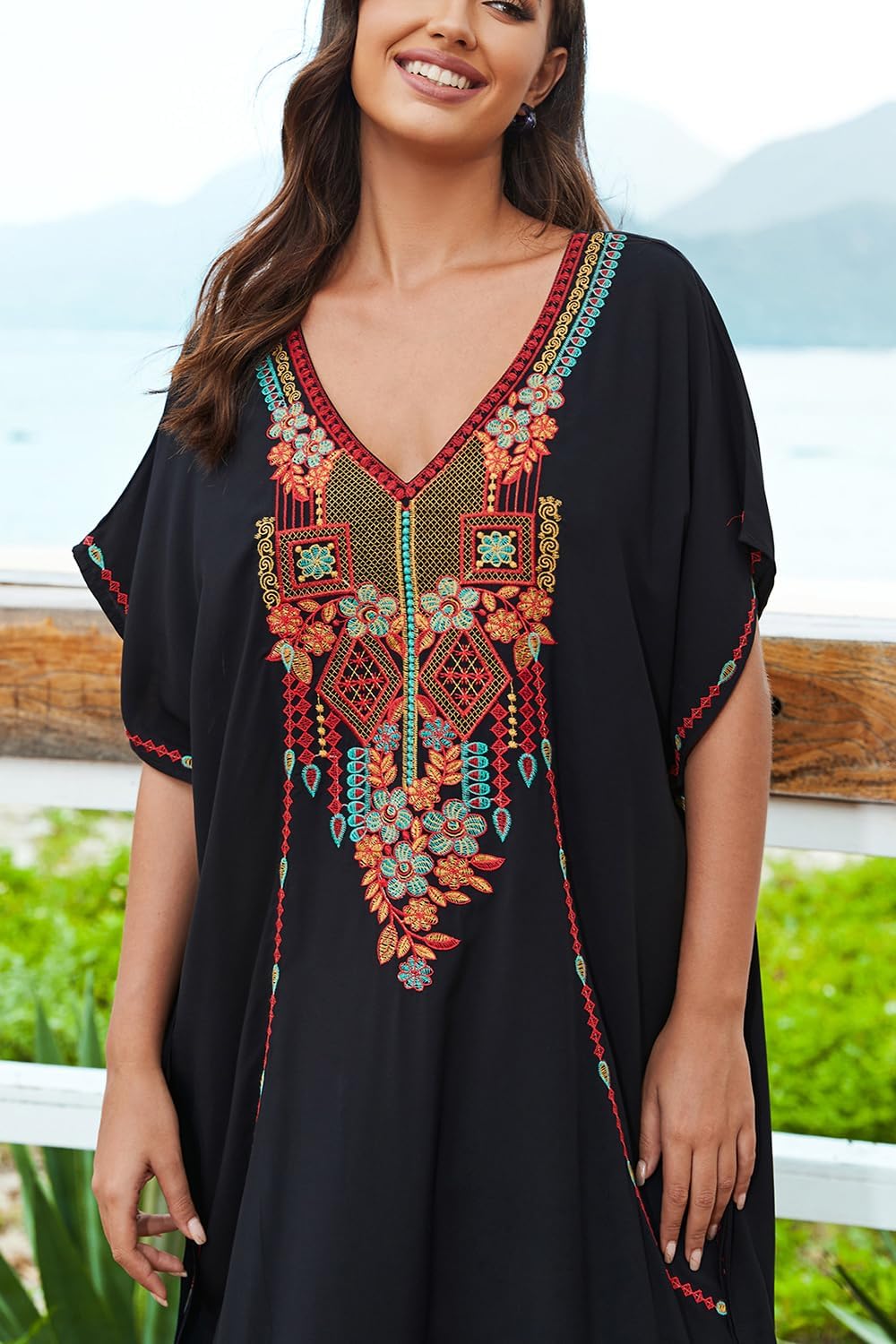 YouKD Embroidered Kaftan Dress Boho Beach Bikini Cover Up Robe Plus Size Loungewear for Women