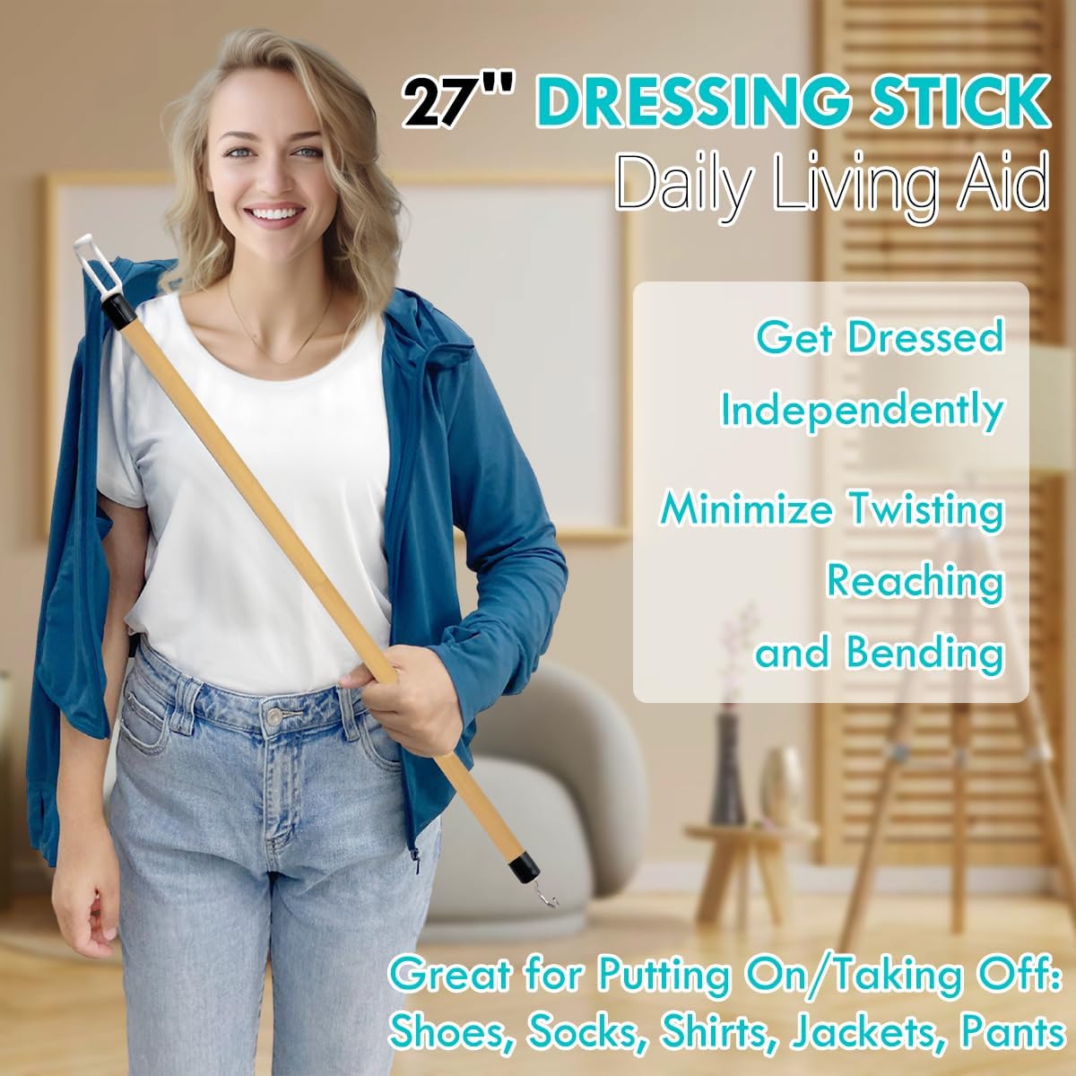 27'' Dressing Stick, Long Dressing Stick for Elderly, Disabled, Limited Mobility – Daily Living Dressing Aid Stick for Hip Replacement, Back, Shoulder Surgery - Dressing Aid for Pants, Shoes, Socks